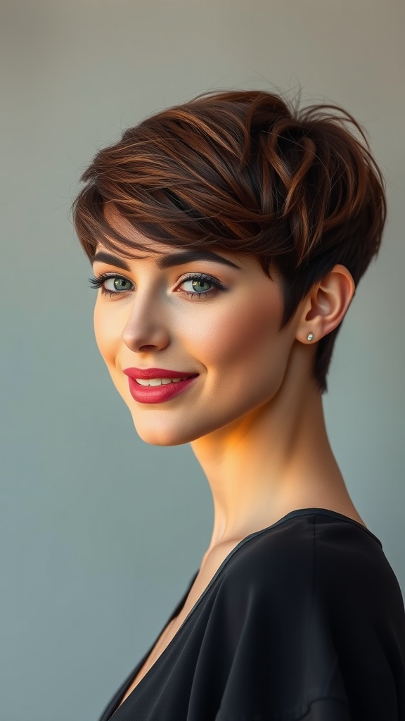 A woman with a stylish undercut brunette pixie hairstyle featuring auburn tint, smiling softly.