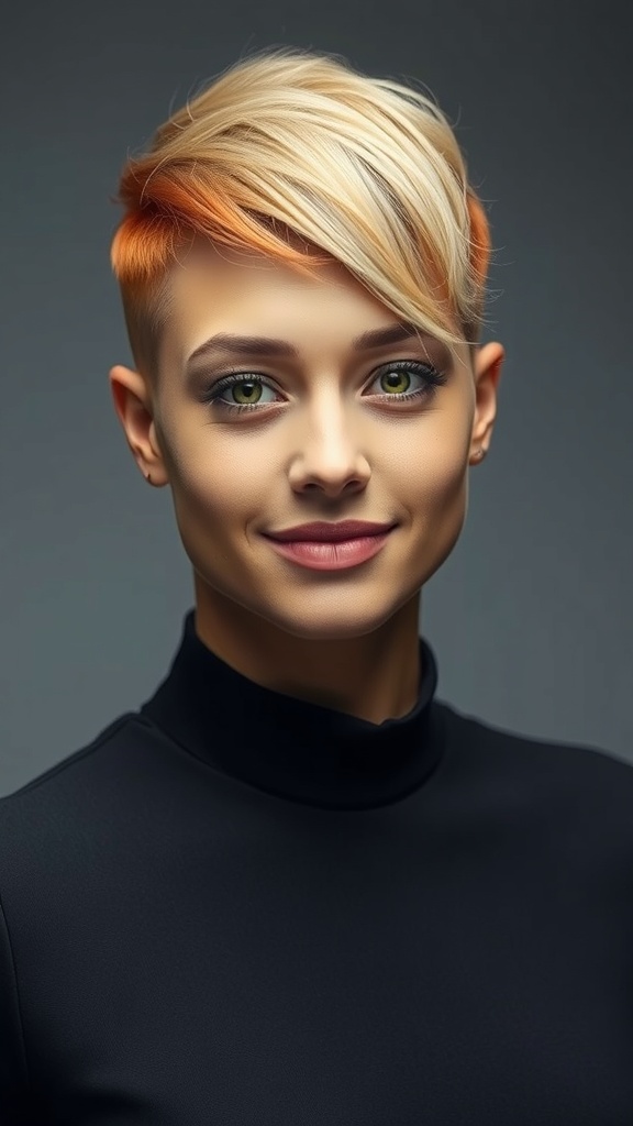 A woman with undercut copper hair and blonde highlights, showcasing a bold and stylish look.