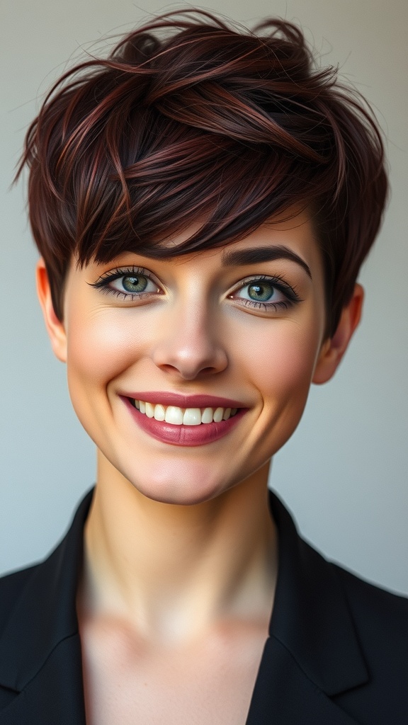 A smiling woman with a dark red pixie haircut and bright green eyes, wearing a black blazer.