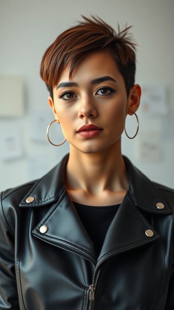 A person with an undercut pixie hairstyle, featuring sleek, straight hair and wearing a black leather jacket.