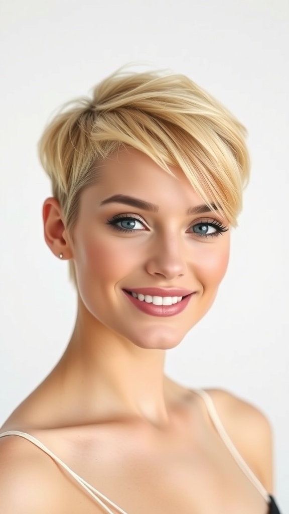 A woman with an undercut pixie hairstyle featuring blonde hair with brown highlights, smiling at the camera.