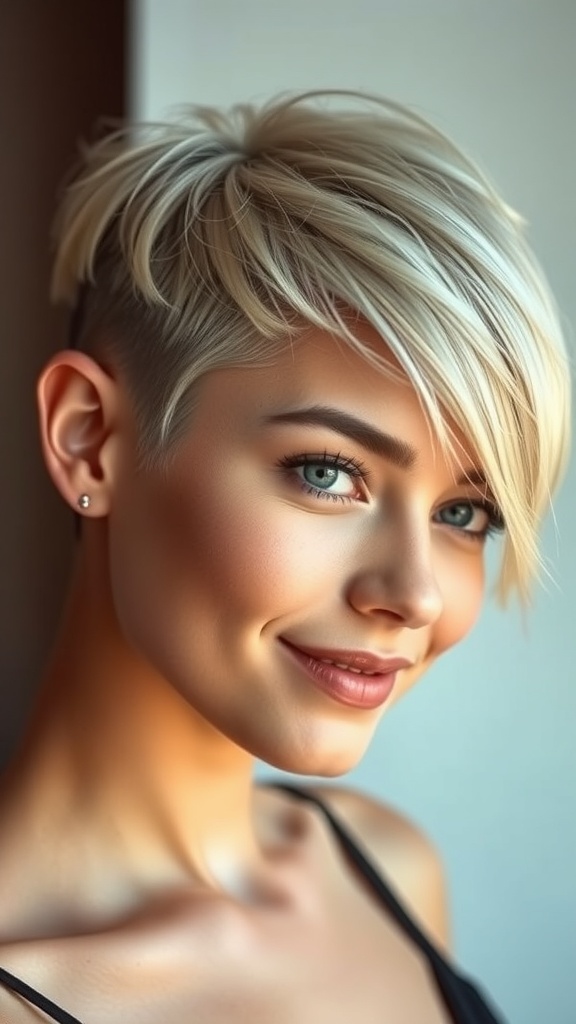 A woman with a stylish undercut pixie hairstyle featuring blonde hair with lowlight accent panels.