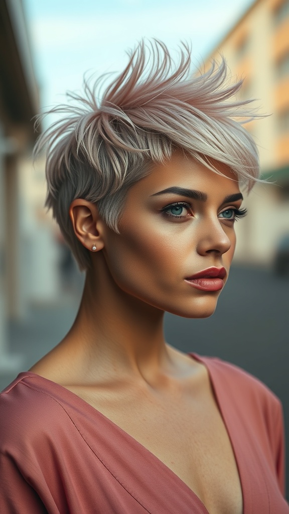 A stylish woman with an undercut pixie hairstyle featuring pink and blonde hair, showcasing a bold and soft glam look.