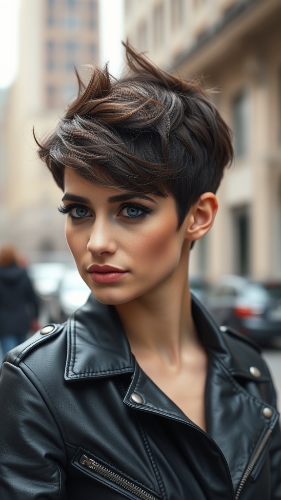 A woman with an undercut pixie hairstyle featuring a textured top, wearing a leather jacket, with a city background.