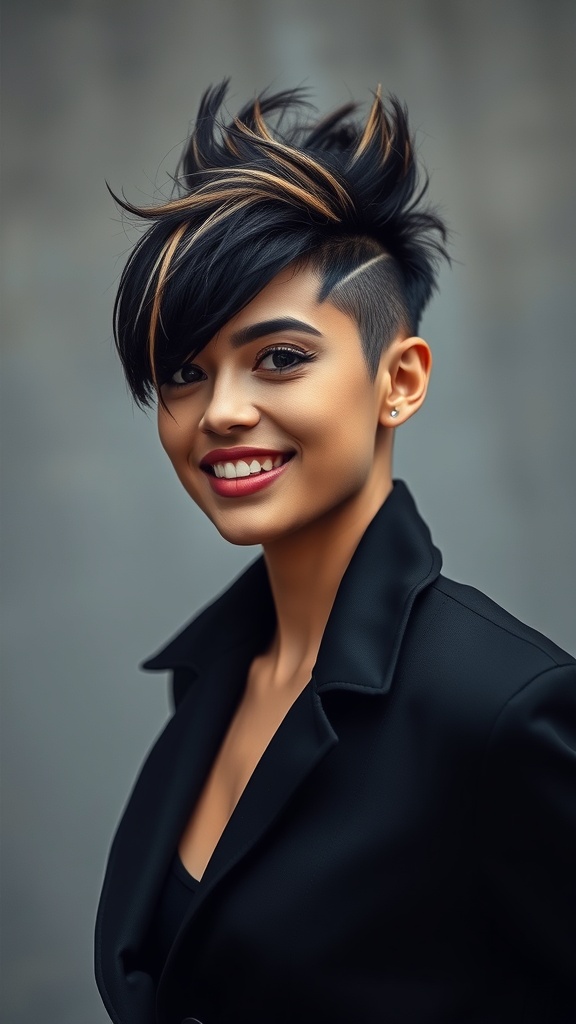 A woman with an undercut hairstyle featuring blonde highlights on dark hair, smiling confidently.