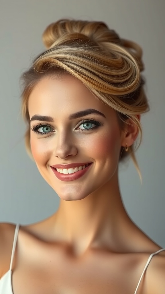 A woman with a stylish updo featuring blonde balayage on brown hair, smiling confidently.