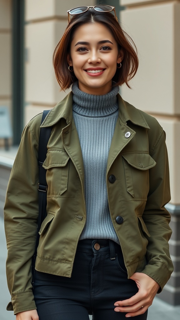 A woman smiling in an olive green utility jacket and gray turtleneck, showcasing a casual fall outfit.