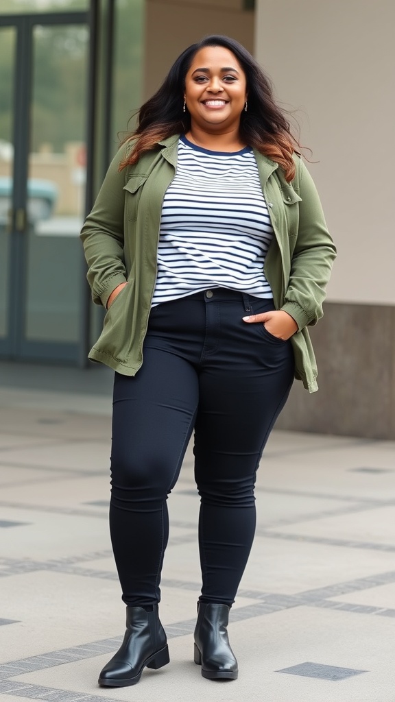 A smiling woman wearing a utility jacket over a striped tee and skinny jeans, standing confidently outdoors.