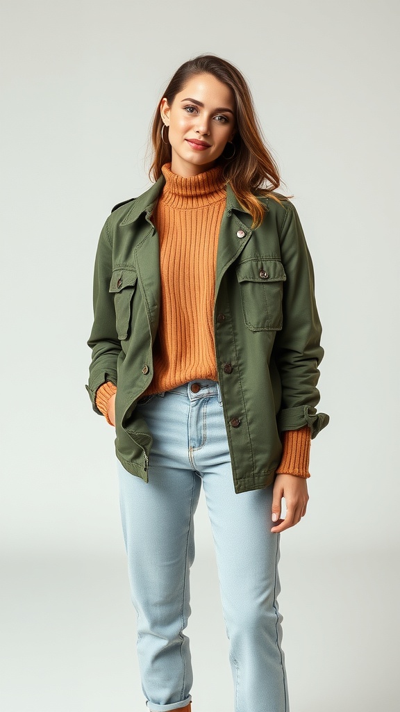 Woman wearing a utility jacket over a sweater with straight jeans, perfect for a fall concert.