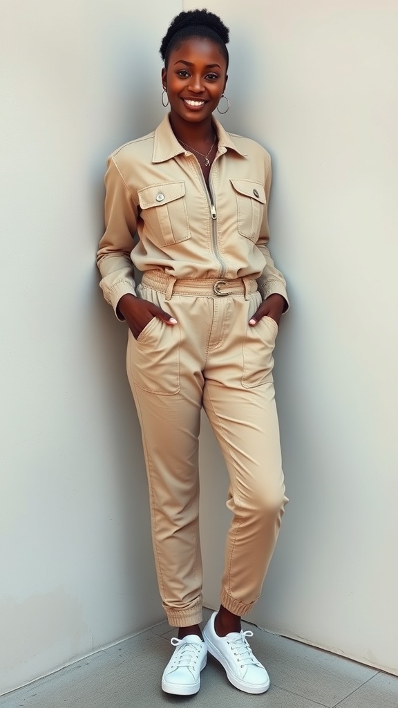 A smiling Black woman wearing a beige utility jumpsuit and white sneakers, standing against a neutral background.