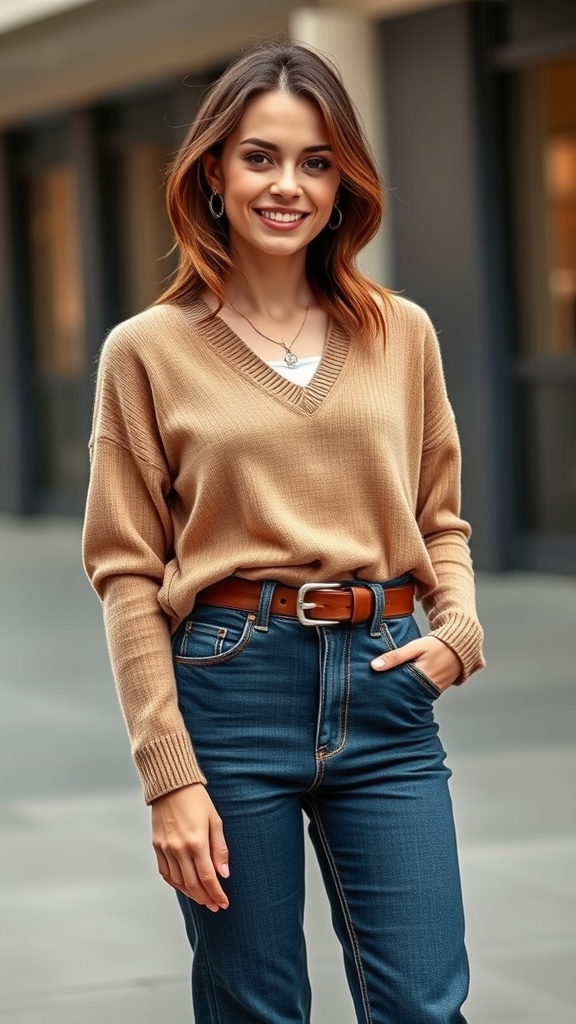 A woman wearing a beige v-neck knit sweater and flared jeans, smiling outdoors.