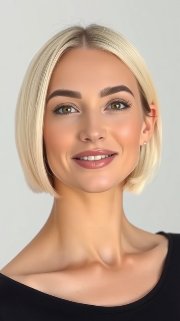 A woman with a blunt bob cut featuring creamy vanilla blonde hair, smiling at the camera.