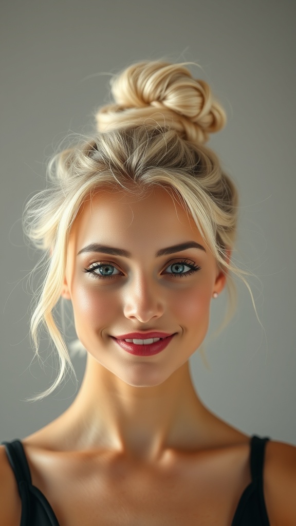 A woman with vanilla blonde hair styled in a casual top knot, smiling at the camera.