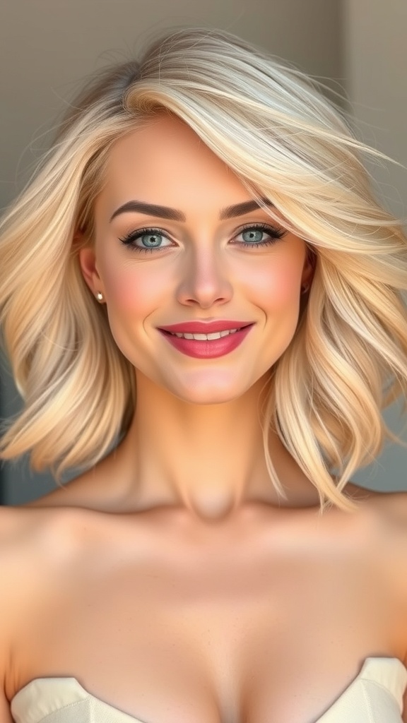 A woman with vanilla blonde hair styled in a high-volume blowout, smiling at the camera.