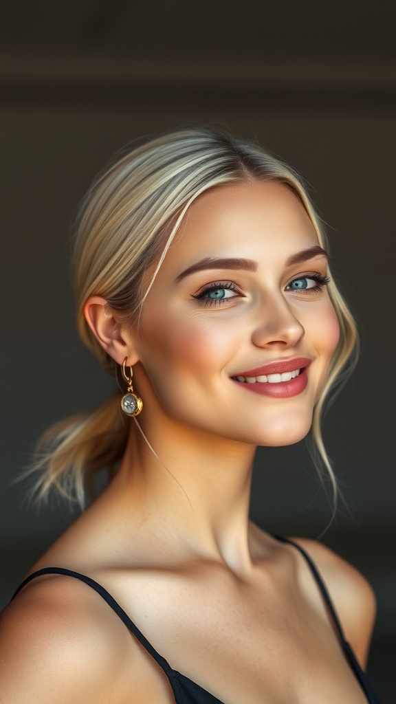 A woman with creamy vanilla blonde hair styled in a loose low ponytail, wearing elegant earrings and smiling.