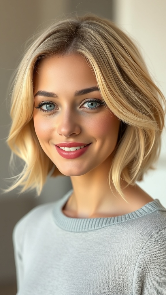A woman with a polished French bob hairstyle in creamy vanilla blonde hair, smiling and looking stylish.