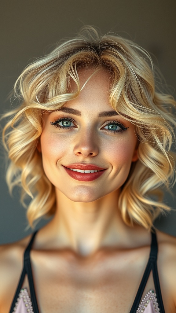 A woman with soft curly shag hairstyle showcasing creamy vanilla blonde hair.