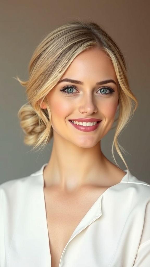 A woman with creamy vanilla blonde hair styled in an elegant updo, smiling at the camera.