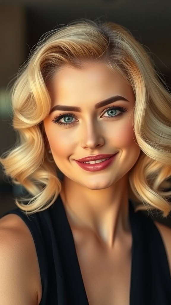 A woman with creamy vanilla blonde hair styled in soft vintage waves, smiling at the camera.