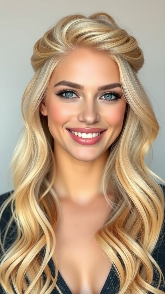 A woman with vanilla blonde hair styled in a boho half-up twist, showcasing soft waves and a bright smile.