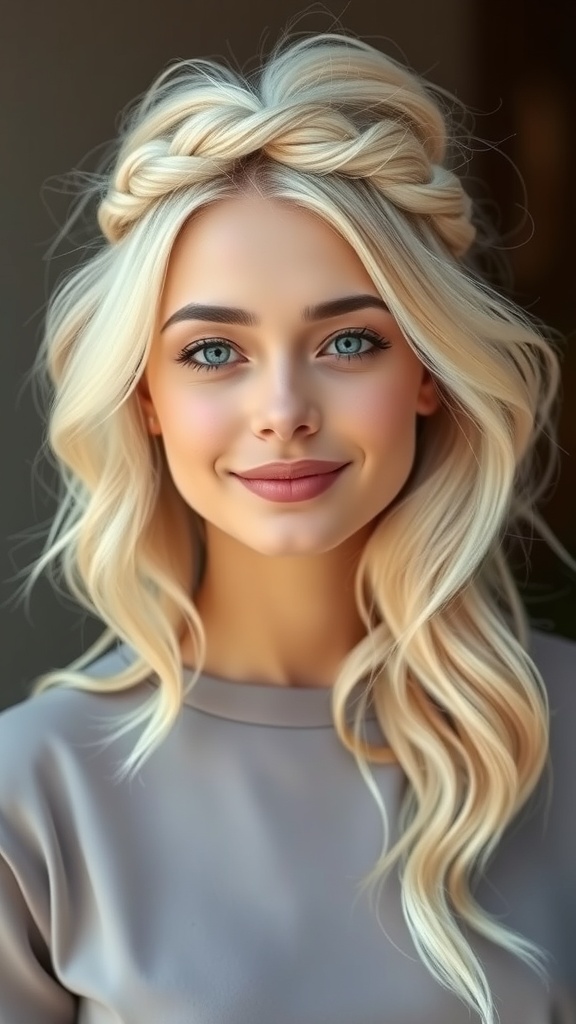 A woman with vanilla blonde hair styled in a braided crown, showcasing soft waves.