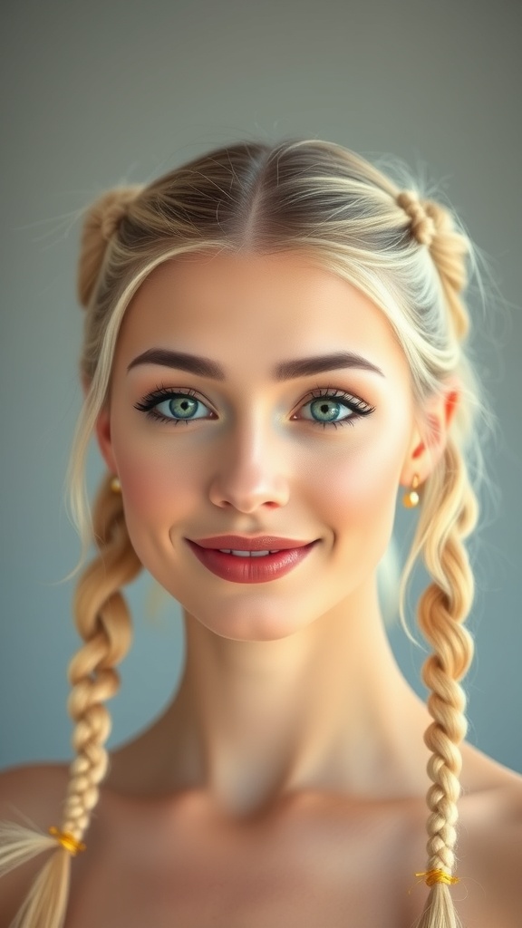 A young woman with vanilla blonde hair styled in braided pigtails, smiling at the camera.