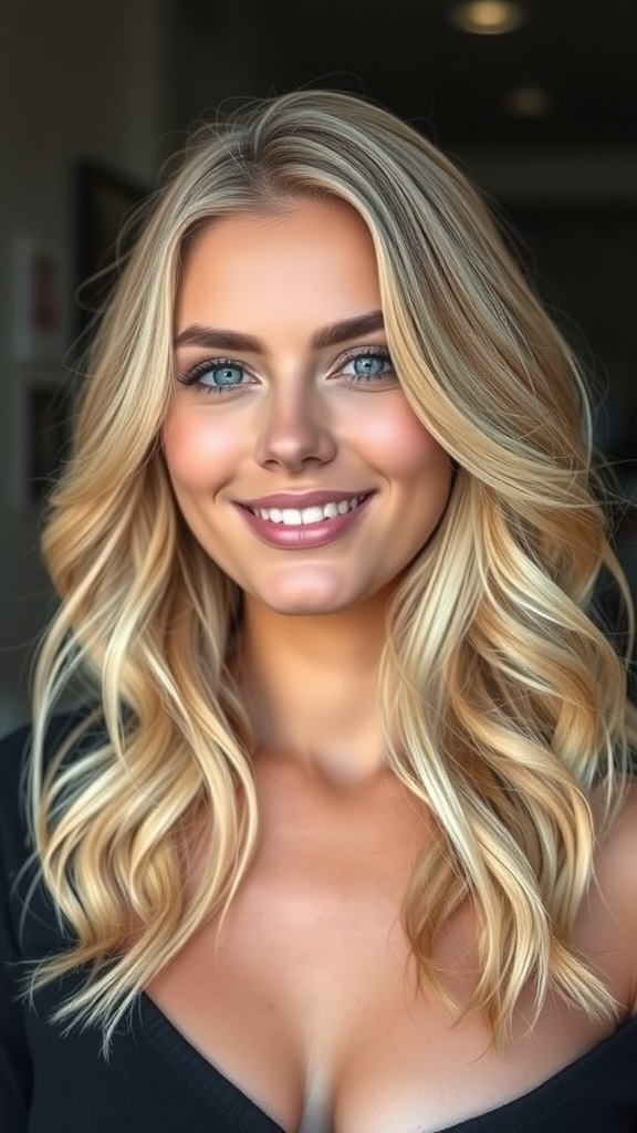 A smiling woman with loose beachy waves in creamy vanilla blonde hair.