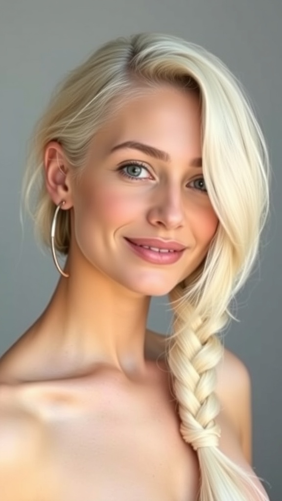 A woman with vanilla blonde hair styled in a loose side braid, showcasing a soft and creamy look.