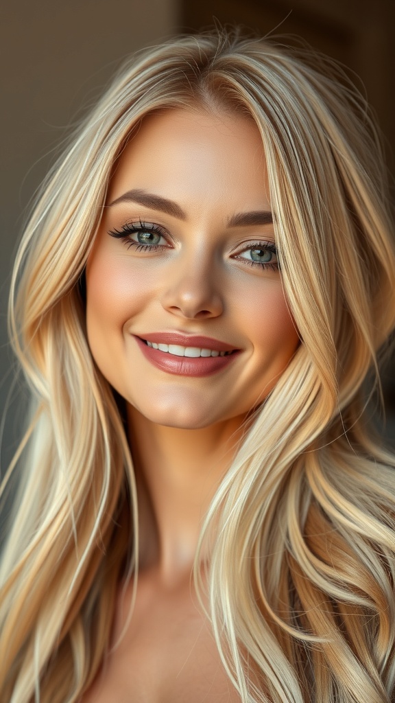 A woman with vanilla blonde hair styled in soft, face-framing layers, smiling warmly.