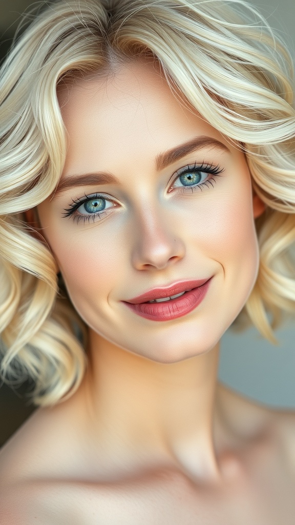 A woman with soft vanilla blonde curls and striking blue eyes, showcasing a beautiful hairstyle.