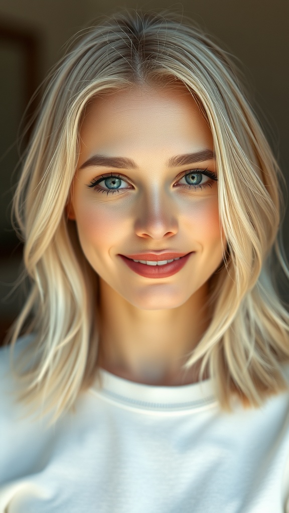 A smiling woman with vanilla blonde hair and chestnut roots, showcasing a warm and inviting fall hair color.