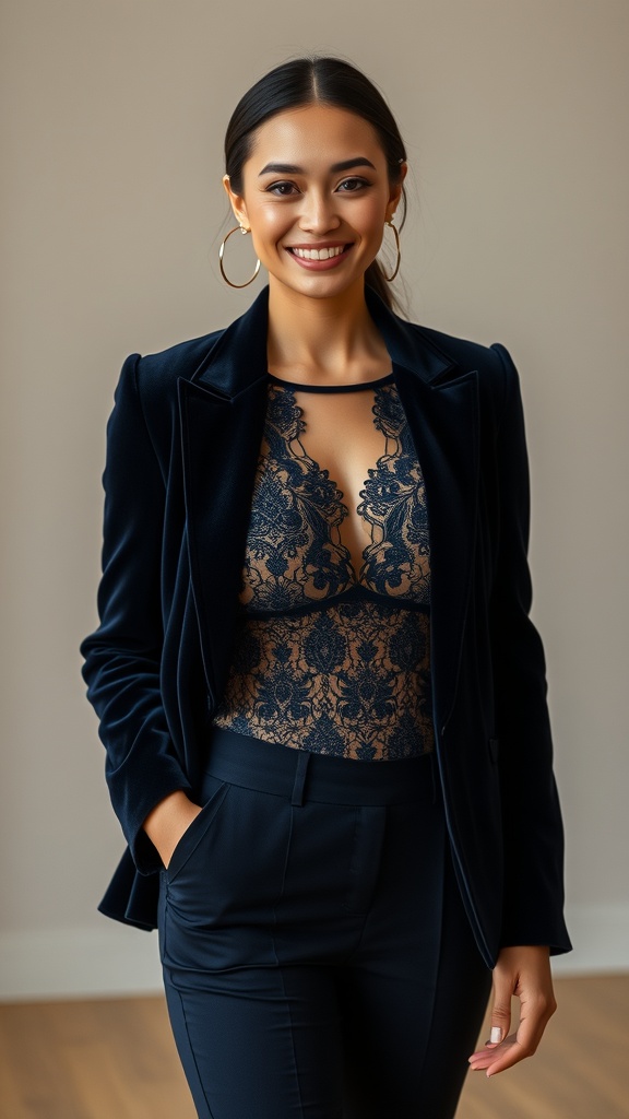 A woman wearing a velvet blazer with a lace top and trousers, smiling confidently.