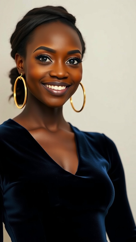 A woman wearing a velvet bodycon dress and statement earrings, smiling confidently.