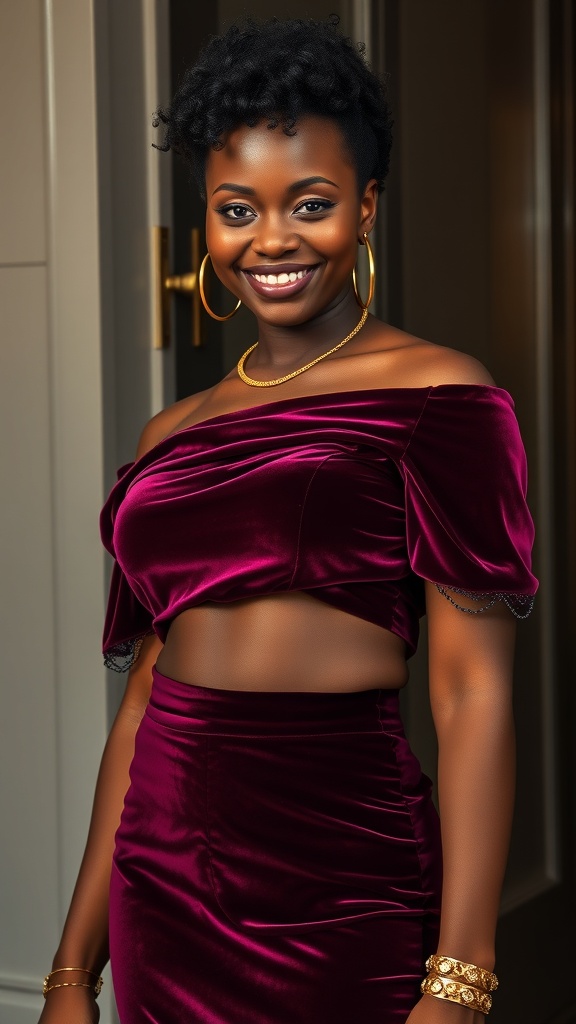 A woman wearing a velvet mini skirt and off-shoulder crop top, smiling confidently.