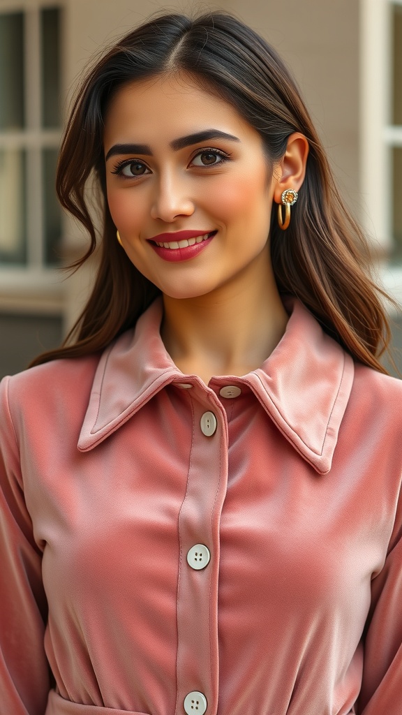 A woman wearing a pink velvet mini dress with a collar, showcasing a retro fashion look.