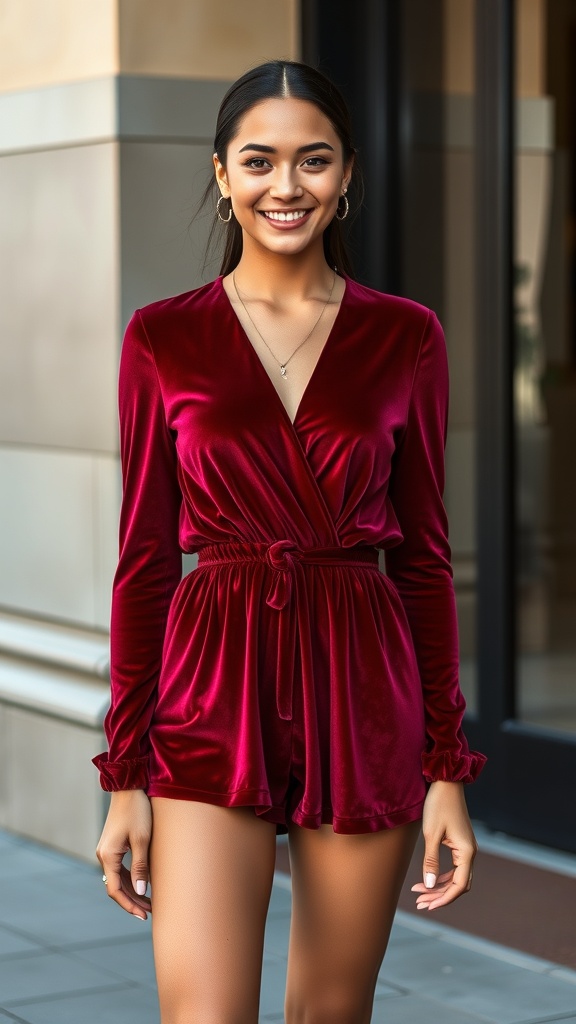 A woman wearing a red velvet romper and glitter heels, smiling outdoors.