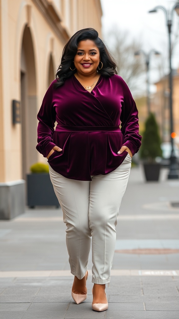 A plus size woman wearing a burgundy velvet wrap top and cream tapered trousers, smiling while walking outdoors.