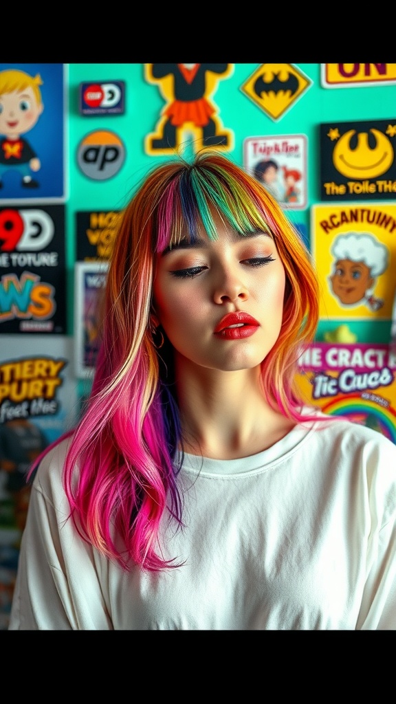 A woman with vibrant color block layered hair, featuring pink, blue, and yellow hues, styled in a 90s layered bob with bangs.