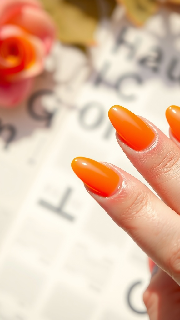 Close-up of vibrant neon orange ombre nails against a soft background