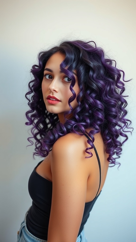 A woman with vibrant purple curly hair, smiling confidently in a casual outfit.