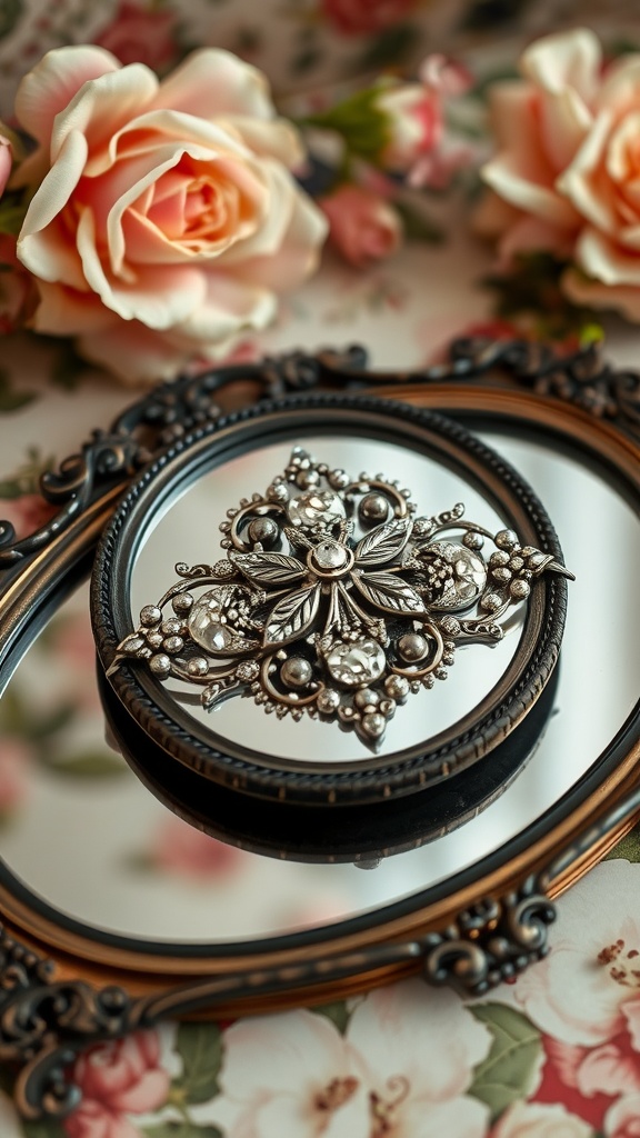A vintage-inspired barrette attached to an ornate mirror with floral wallpaper in the background.