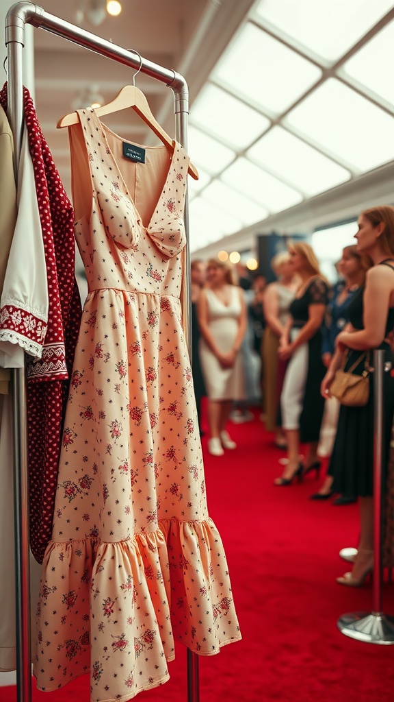A vintage-inspired peach dress with floral patterns hanging on a rack, surrounded by people in elegant outfits.