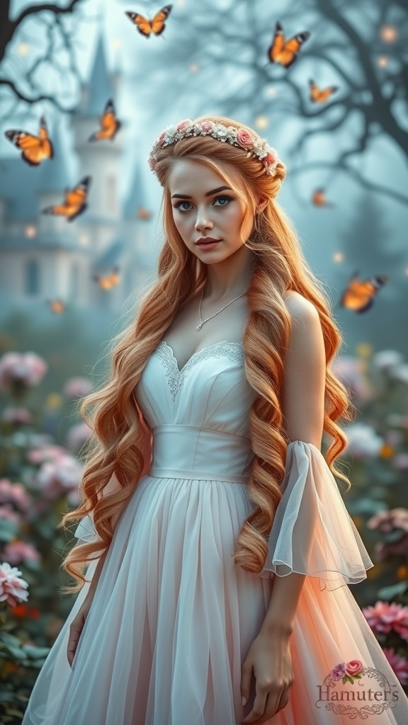 A woman with long, loose curls wearing a floral crown in a dreamy setting.