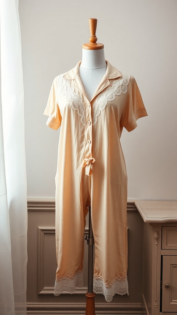 A vintage-inspired pajama set featuring lace details, displayed on a mannequin.