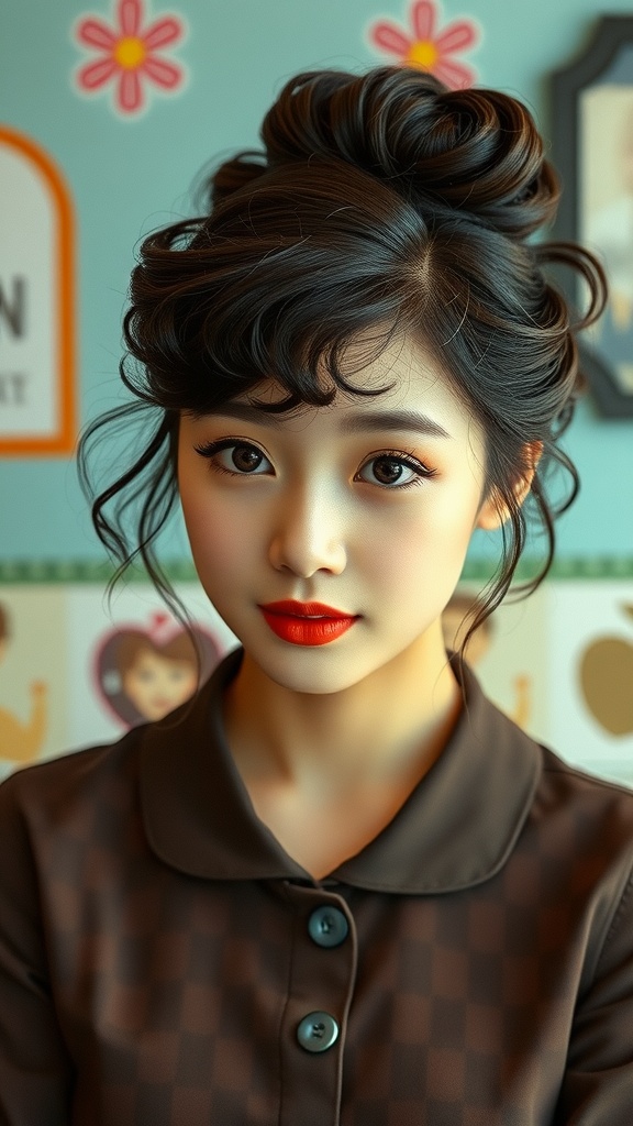 A vintage-inspired updo with loose curls, showcasing a stylish hairstyle.