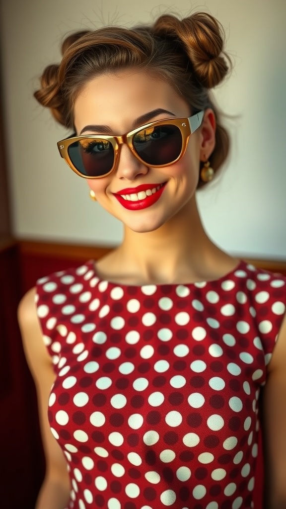 A woman wearing a polka dot dress and cat eye glasses, smiling confidently.