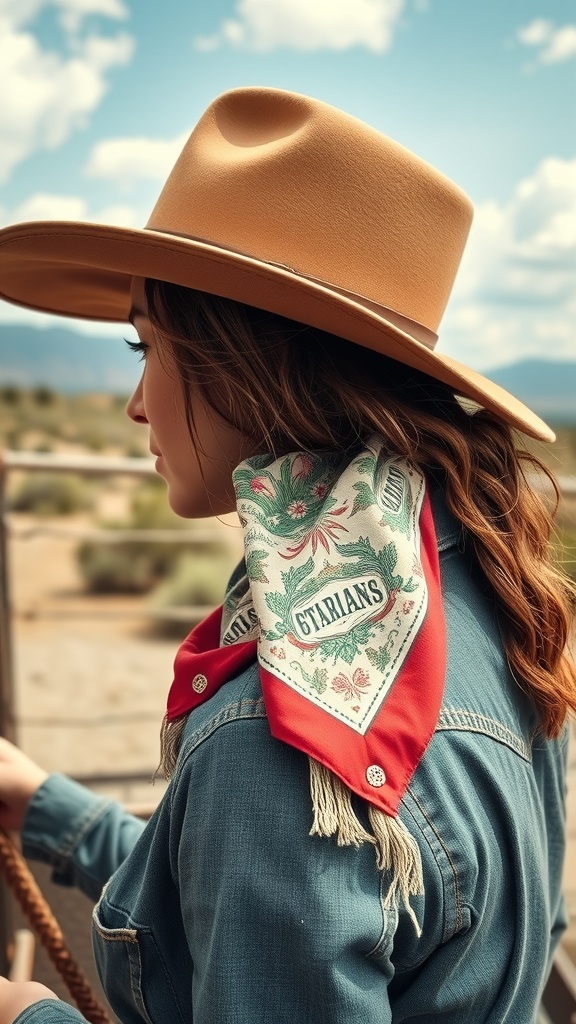 A woman wearing a vintage bandana scarf as a hair accessory, paired with a denim jacket and a wide-brimmed hat.