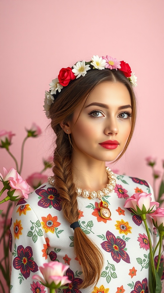 A model with a vintage braided crown hairstyle, adorned with a floral crown, surrounded by flowers.