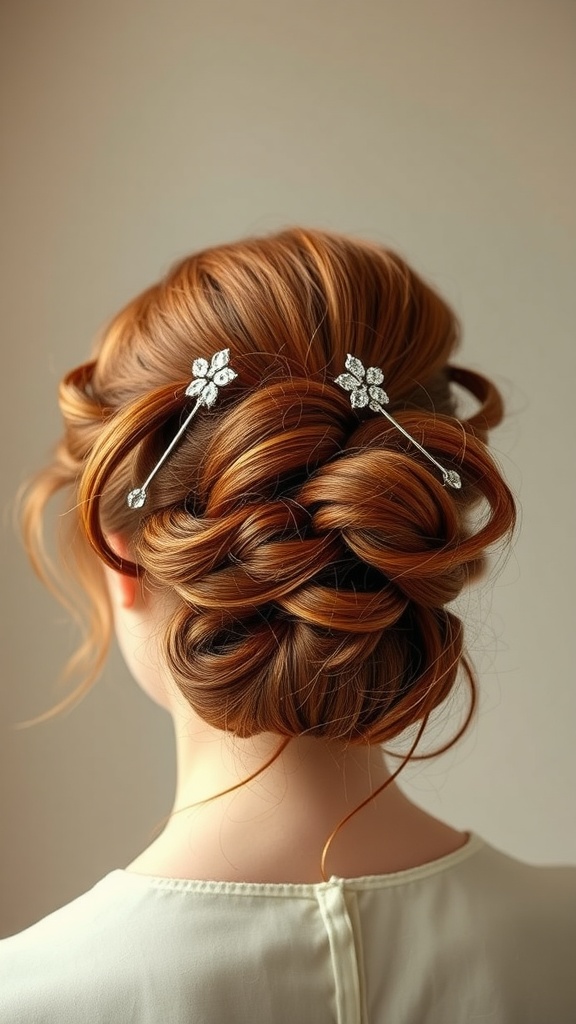 A vintage copper updo hairstyle with decorative hairpins, showcasing rich brown copper hair tones.