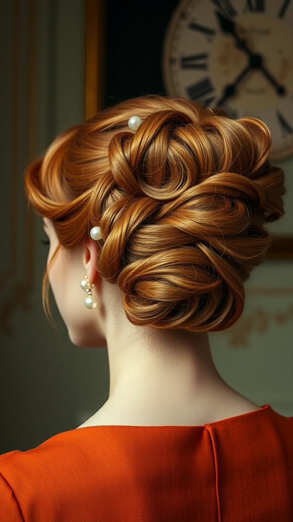 A vintage ginger updo hairstyle featuring soft curls and pearl accessories.